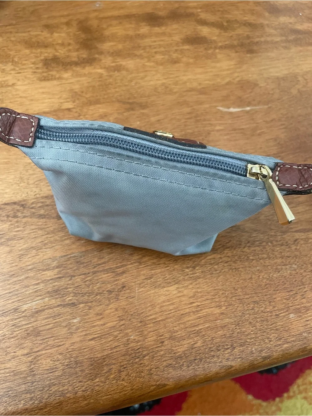 Longchamp Small Gray Pouch with Brown Leather Trim
